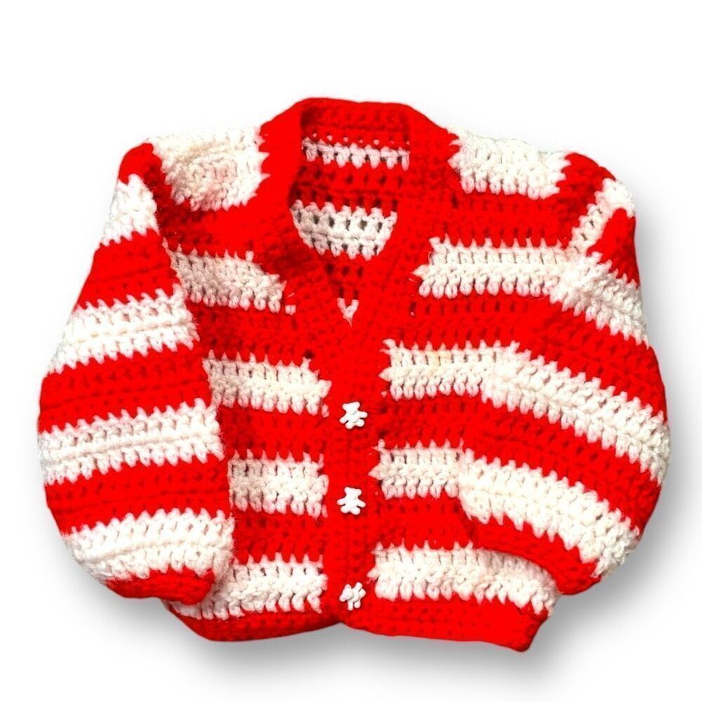 Hand-Crocheted Red White Striped Infant Cardigan Sweater Teddy Bear‎ Buttons